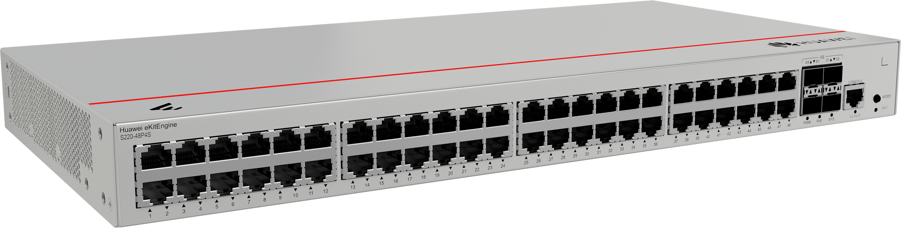 HUAWEI Switch S220-48P4S (48*10/100/1000BASE-T ports(380W PoE+), 4*GE SFP ports, built-in AC power)