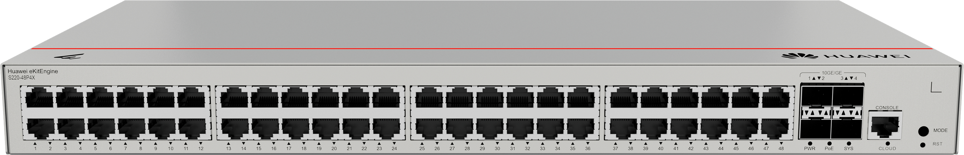 HUAWEI Switch S220-48P4X (48*10/100/1000BASE-T ports(380W PoE+), 4*10GE SFP+ ports, built-in AC power)