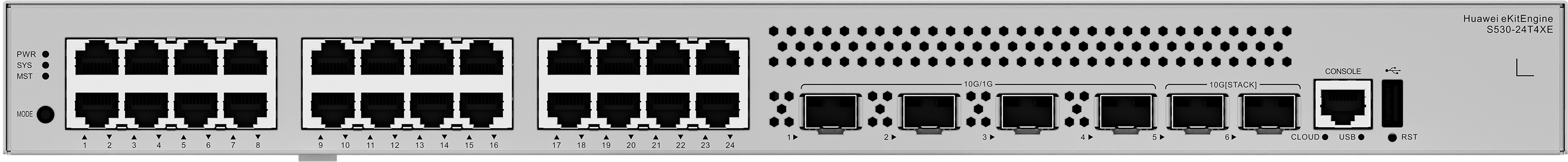 HUAWEI Switch S530-24T4XE 24*10/100/1000BASE-T ports, 4*10GE SFP+ ports, 2*12GE stack ports, with 1*AC power module