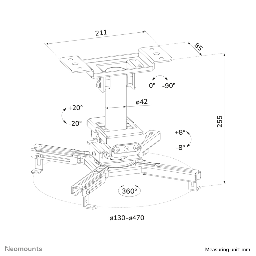 Neomounts Deckenhalterung für Projektoren - Zimmerdecke - 45 kg - Schwarz - -8 - 8 Grad  - 180 Grad  - -20 - 20 Grad 