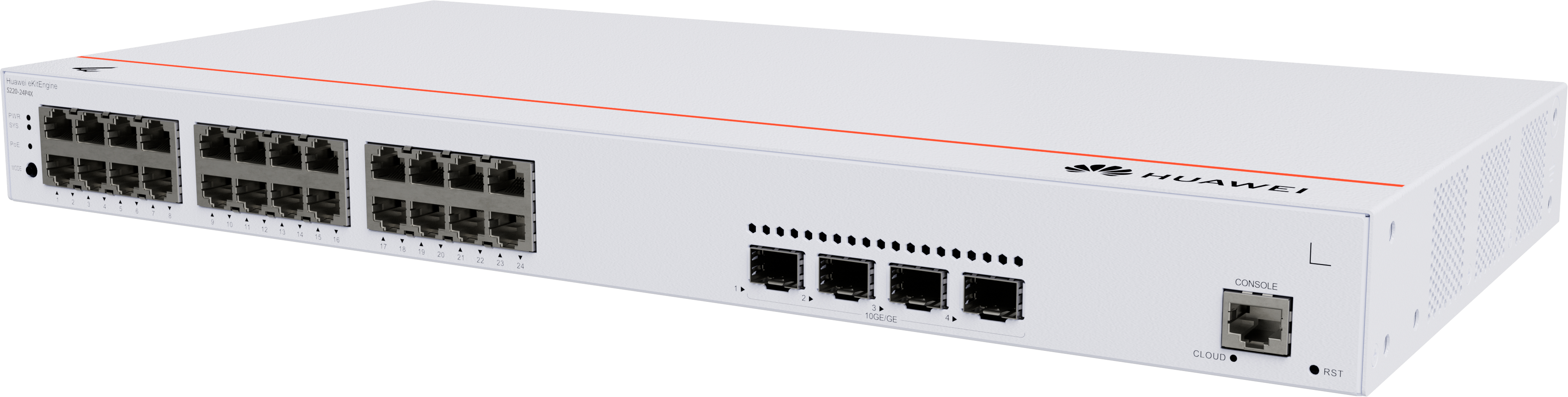 HUAWEI Switch S220-24P4X (24*10/100/1000BASE-T ports(400W PoE+), 4*10GE SFP+ ports, built-in AC power)