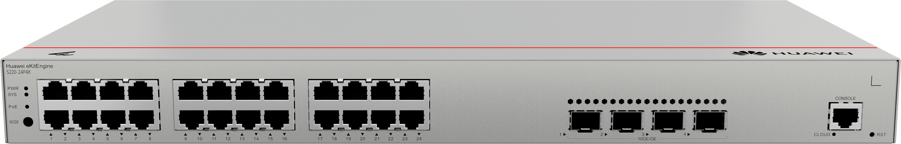HUAWEI Switch S220-24P4X (24*10/100/1000BASE-T ports(400W PoE+), 4*10GE SFP+ ports, built-in AC power)