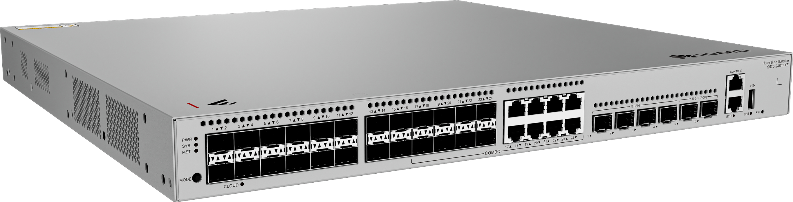 HUAWEI Switch S530-24ST4XE 24*GE SFP ports, 8 of which are dual-purpose 10/100/1000 or SFP, 4*10GE SFP+ ports, 2*12GE stack ports, with 1* AC power me