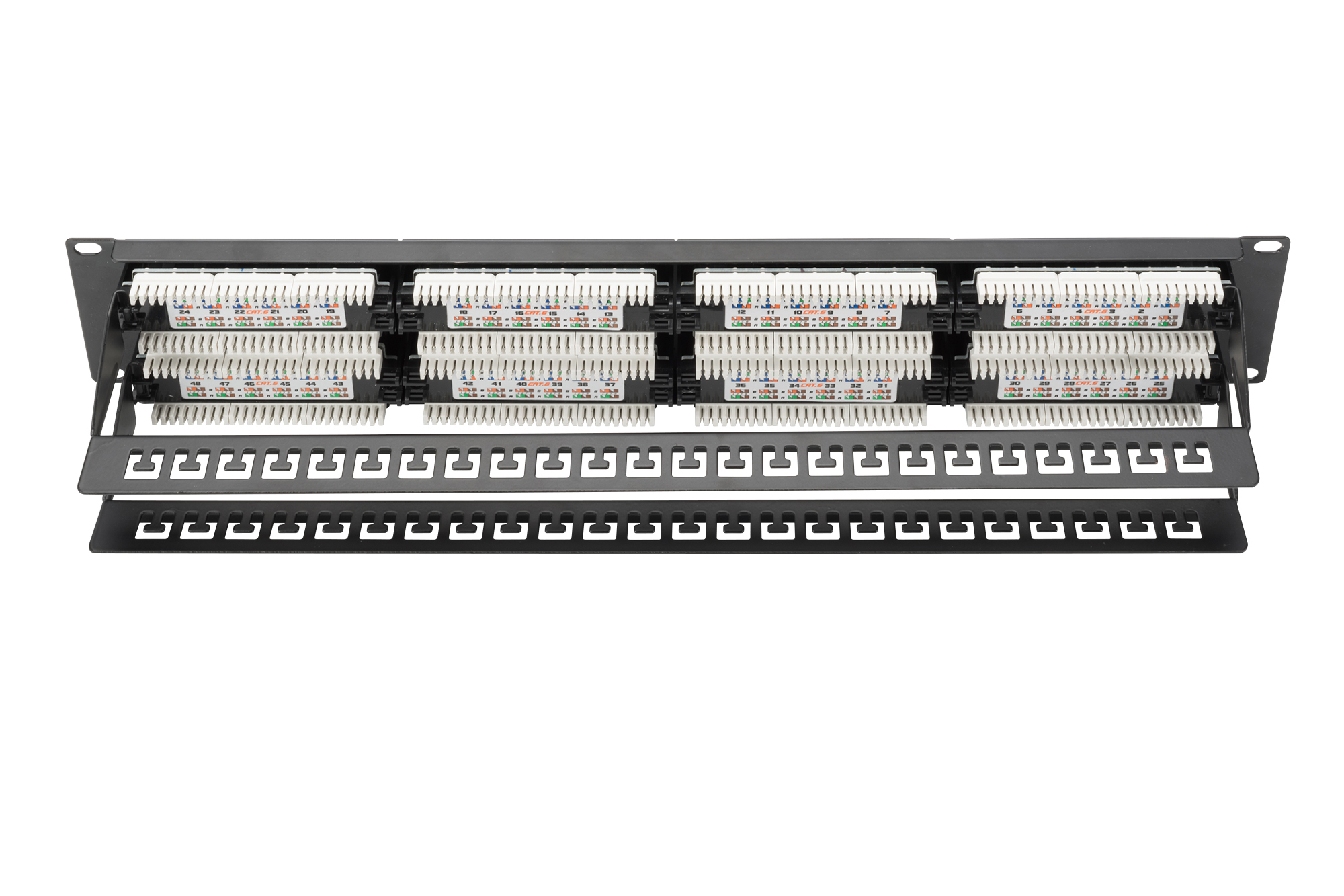 DIGITUS Schrank Zubehör 19" Patch Panel CAT 6 Klasse E ungeschirmt 48-Port 2HE                            8P8C LSA Schwarz RAL 9005 DN-91648U