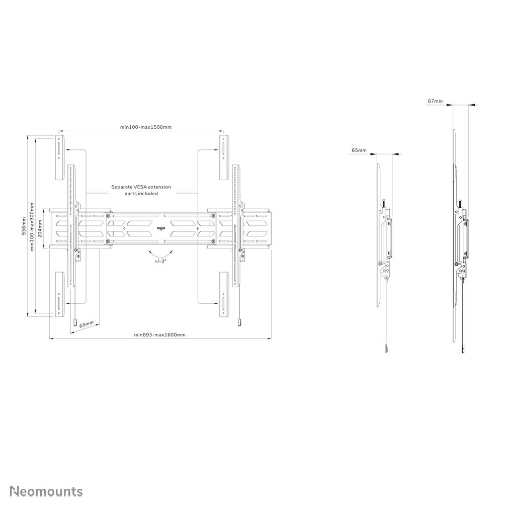 Neomounts Select Schwerlast-TV-Wandhalterung - 160 kg - 139,7 cm (55 Zoll) - 2,79 m (110 Zoll) - 1500 x 900 mm - Höhenverstellung - Schwarz