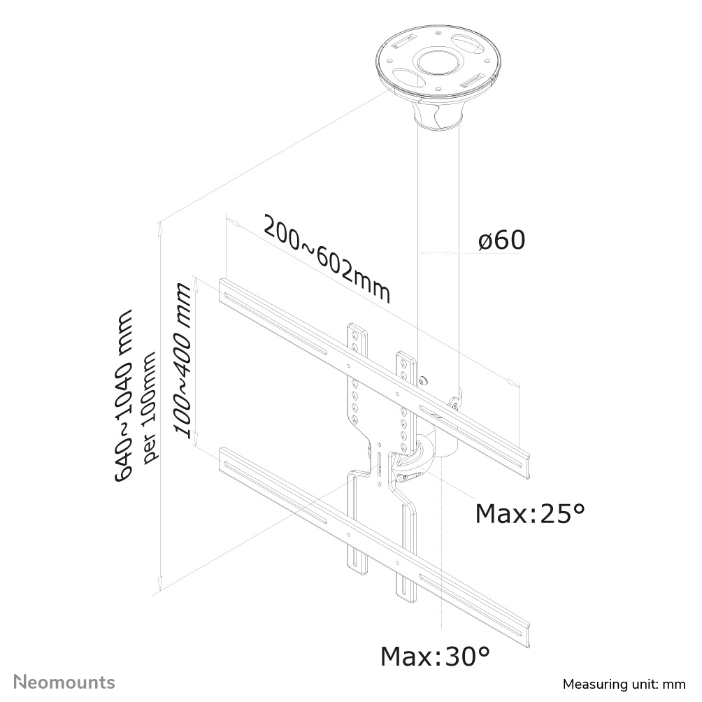 Neomounts Monitor-Deckenhalterung - 35 kg - 81,3 cm (32 Zoll) - 152,4 cm (60 Zoll) - 200 x 200 mm - 600 x 400 mm - 640 - 1040 mm