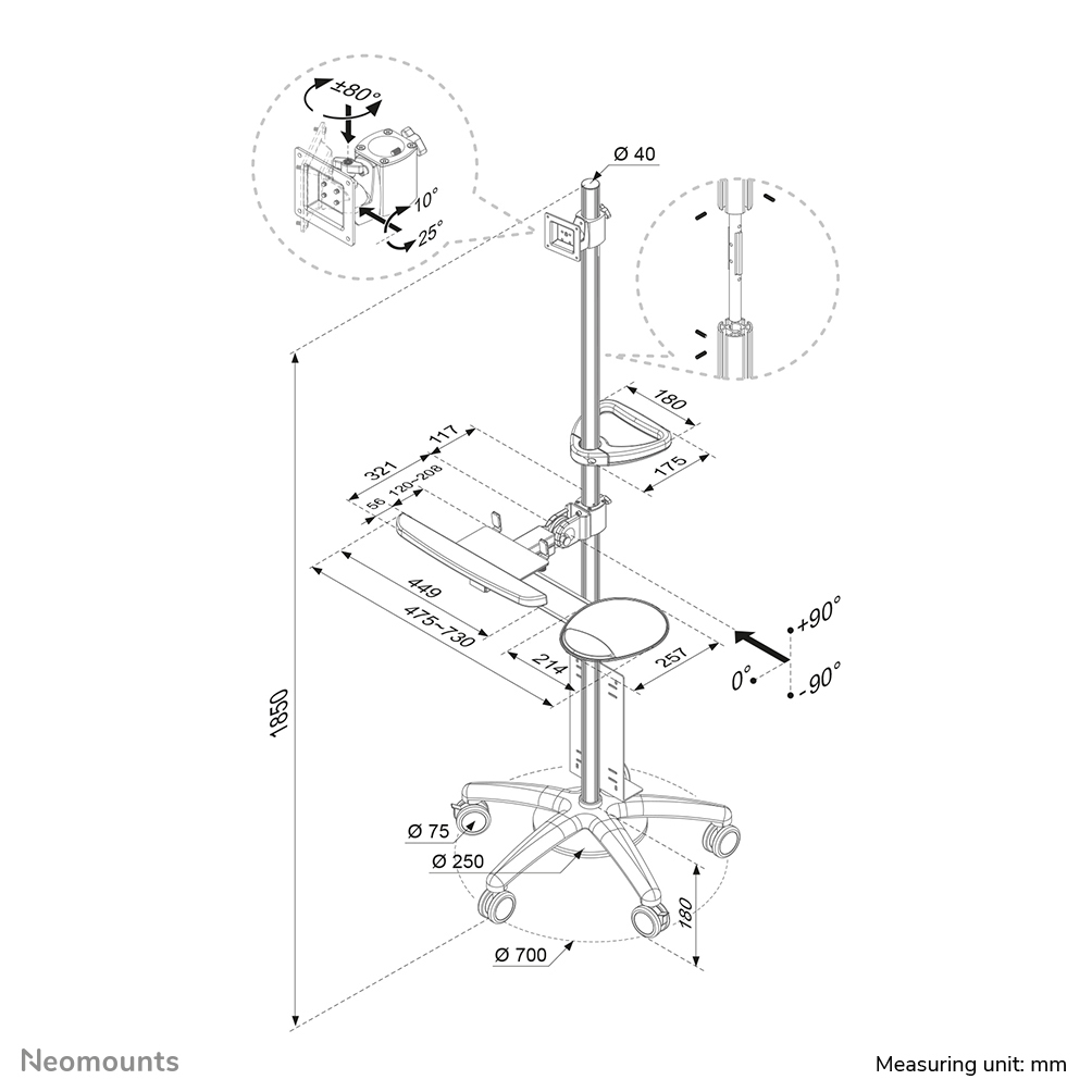 Neomounts Mobiler Arbeitsplatz - Multimedia-Wagen - Silber - 6 kg - 25,4 cm (10 Zoll) - 68,6 cm (27 Zoll) - 75 x 75,100 x 100 mm