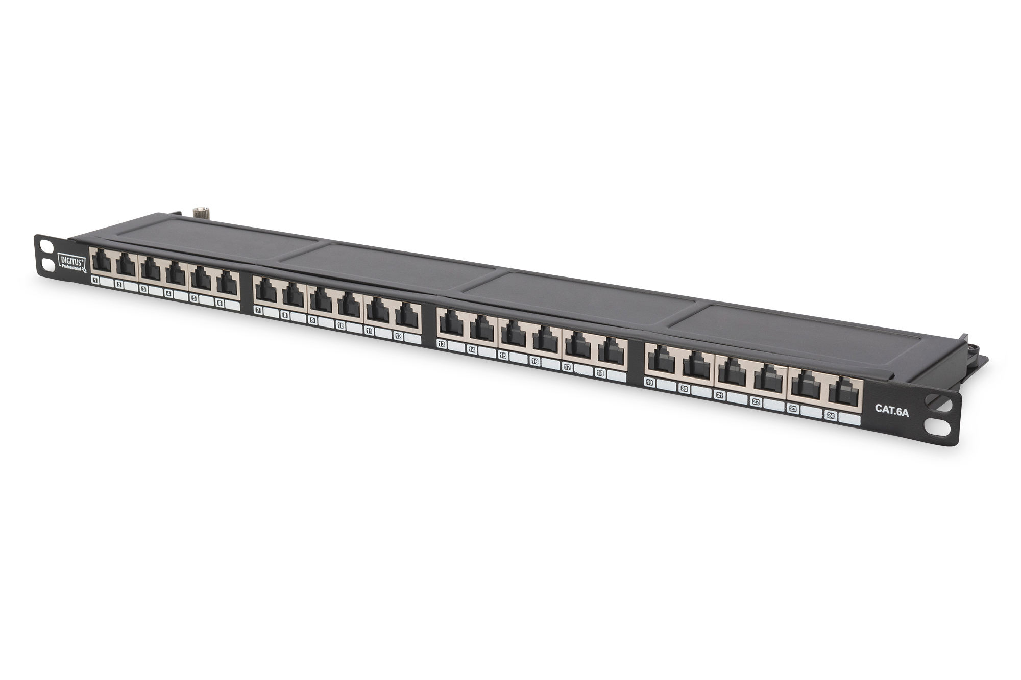 DIGITUS Schrank Zubehör 19" Patch Panel CAT 6 Klasse E    geschirmt 24-Port 0,5HE inkl. Staubschutz 8P8C LSA Schwarz RAL 9005 DN-91624S-SL-SH