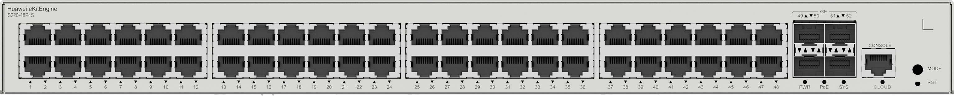 HUAWEI Switch S220-48P4S (48*10/100/1000BASE-T ports(380W PoE+), 4*GE SFP ports, built-in AC power)