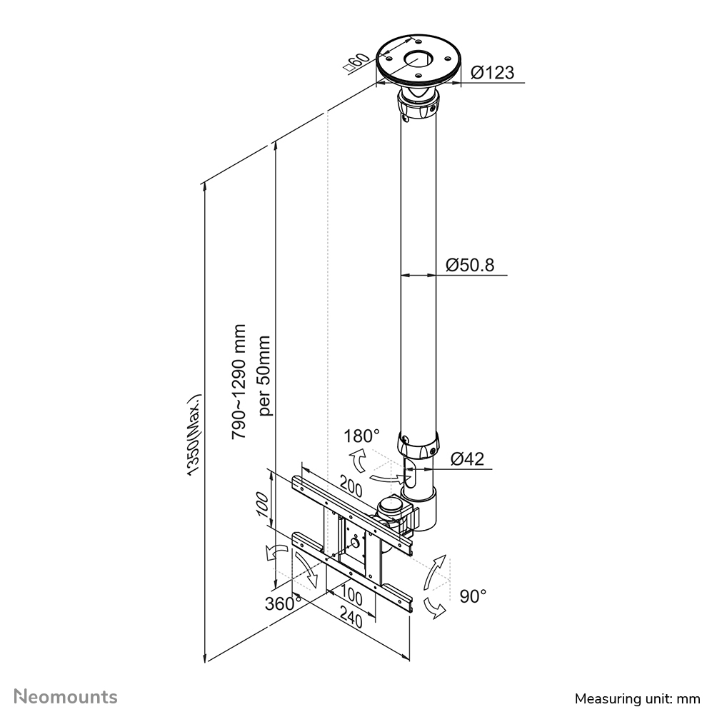 Neomounts Monitor-Deckenhalterung - 12 kg - 25,4 cm (10") - 76,2 cm (30") - 75 x 75 mm - 200 x 100 mm - 790 - 1290 mm