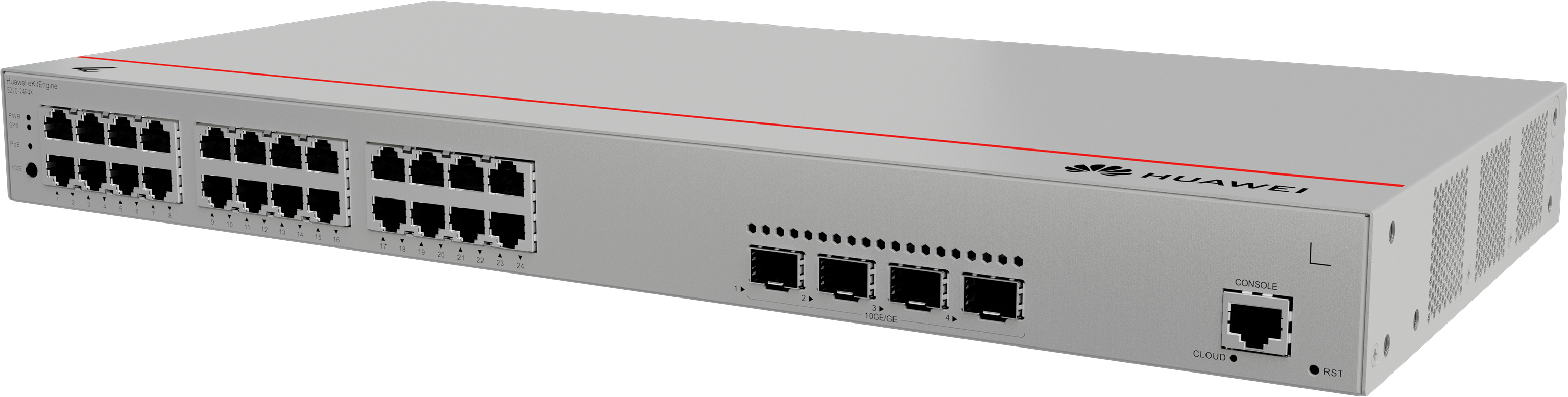 HUAWEI Switch S220-24P4X (24*10/100/1000BASE-T ports(400W PoE+), 4*10GE SFP+ ports, built-in AC power)