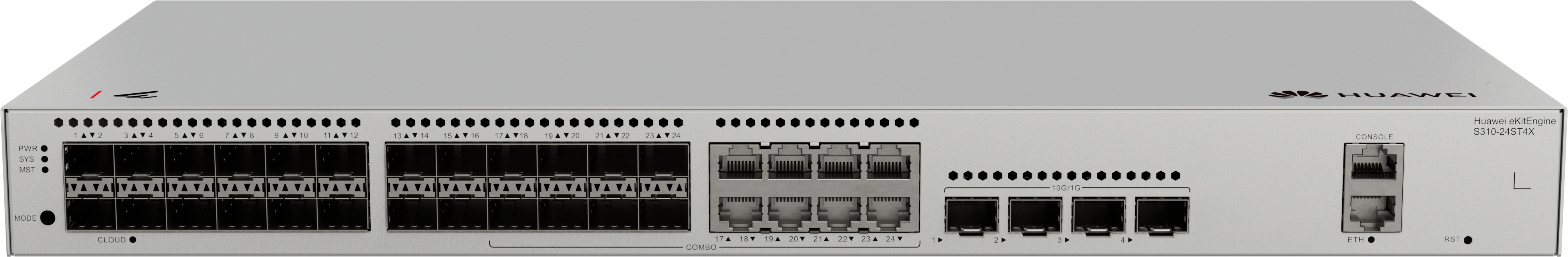 HUAWEI Switch S310-24ST4X (24*GE SFP ports, 8 of which are dual-purpose 10/100/1000 or SFP, 4*10GE SFP+ ports built-in AC power)