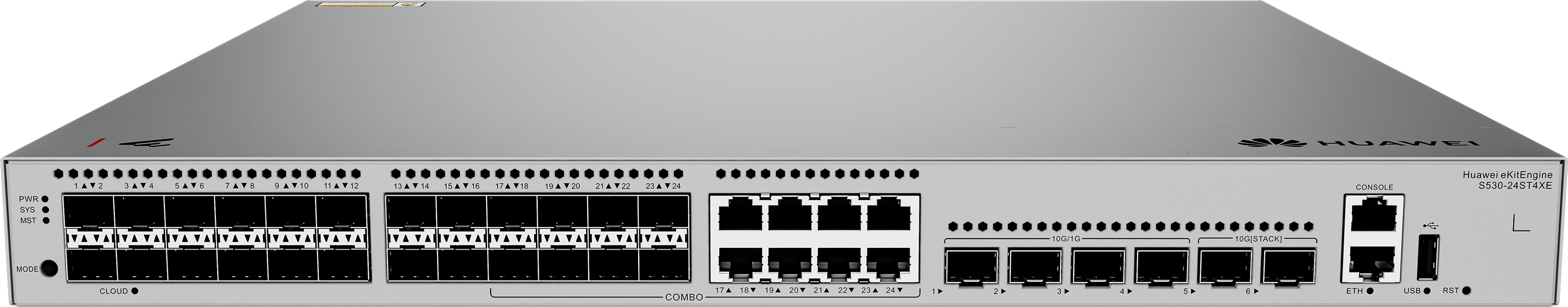 HUAWEI Switch S530-24ST4XE 24*GE SFP ports, 8 of which are dual-purpose 10/100/1000 or SFP, 4*10GE SFP+ ports, 2*12GE stack ports, with 1* AC power me