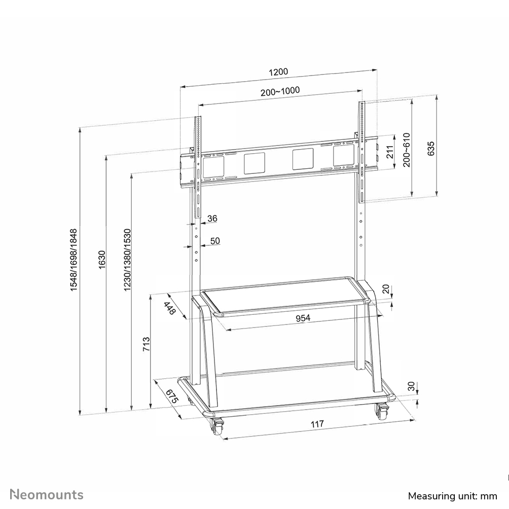 Neomounts Mobiler Flachbild Ständer Box 1 - 150 kg - 152,4 cm (60 Zoll) - 2,67 m (105 Zoll) - 200 x 200 mm - 1000 x 600 mm - 1380 - 1530 mm