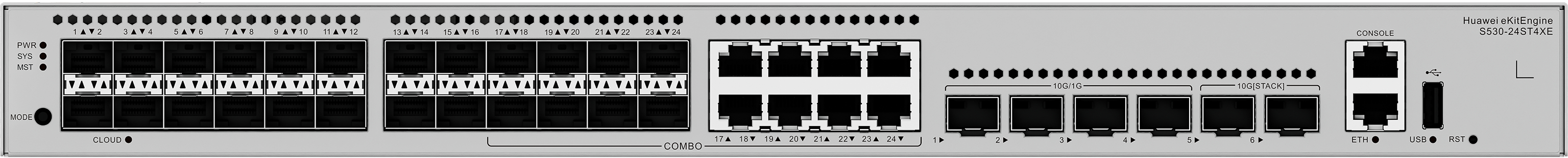 HUAWEI Switch S530-24ST4XE 24*GE SFP ports, 8 of which are dual-purpose 10/100/1000 or SFP, 4*10GE SFP+ ports, 2*12GE stack ports, with 1* AC power me