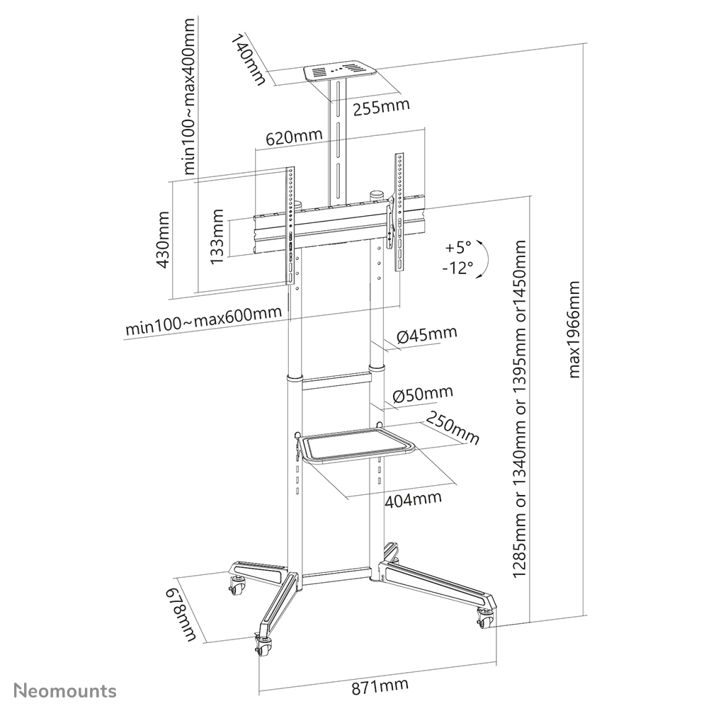 Neomounts Bodenständer - 50 kg - 94 cm (37 Zoll) - 177,8 cm (70 Zoll) - 100 x 100 mm - 600 x 400 mm - 1285 - 1450 mm