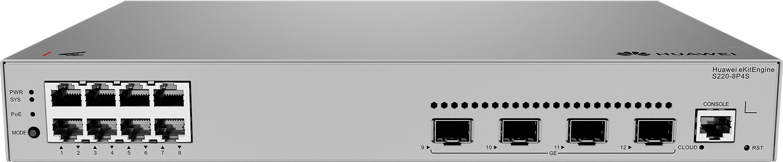 HUAWEI Switch S220-8P4S (8*10/100/1000BASE-T ports, 125 W poE+), 4*GE SFP ports, AC power)