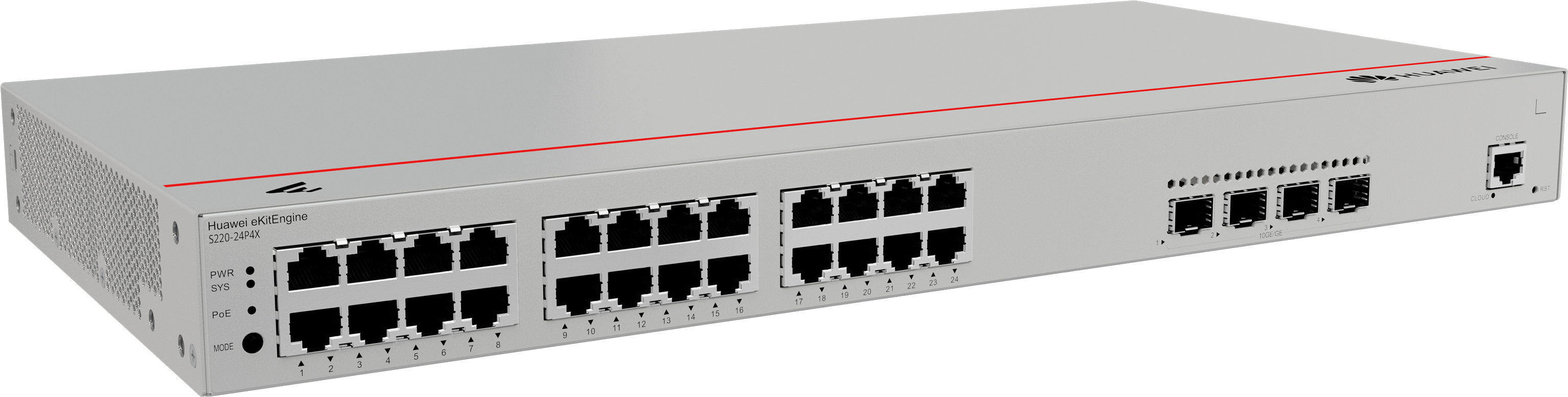 HUAWEI Switch S220-24P4X (24*10/100/1000BASE-T ports(400W PoE+), 4*10GE SFP+ ports, built-in AC power)