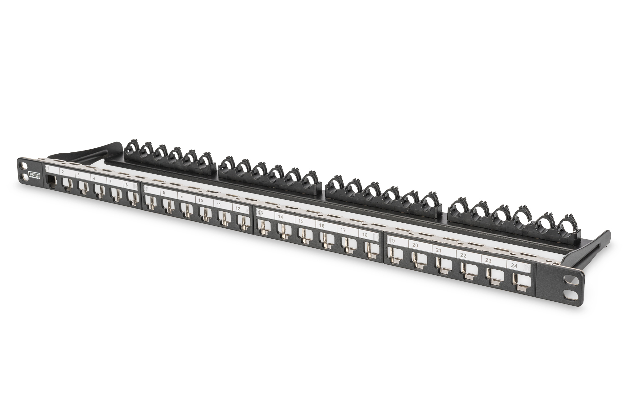 DIGITUS Schrank Zubehör 19" Patch Panel Modular geschirmt 24-Port Beschriftungseld 0,5HE  Schwarz RAL 9005 DN-91422